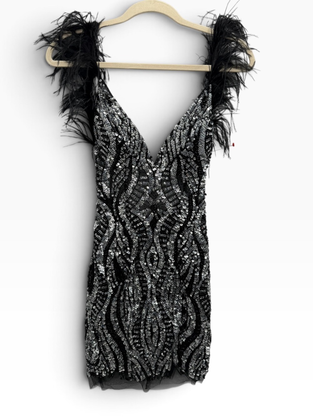 Jovani Sequin Beaded Mini Dress with Black Feather Straps - Picture 5 of 13